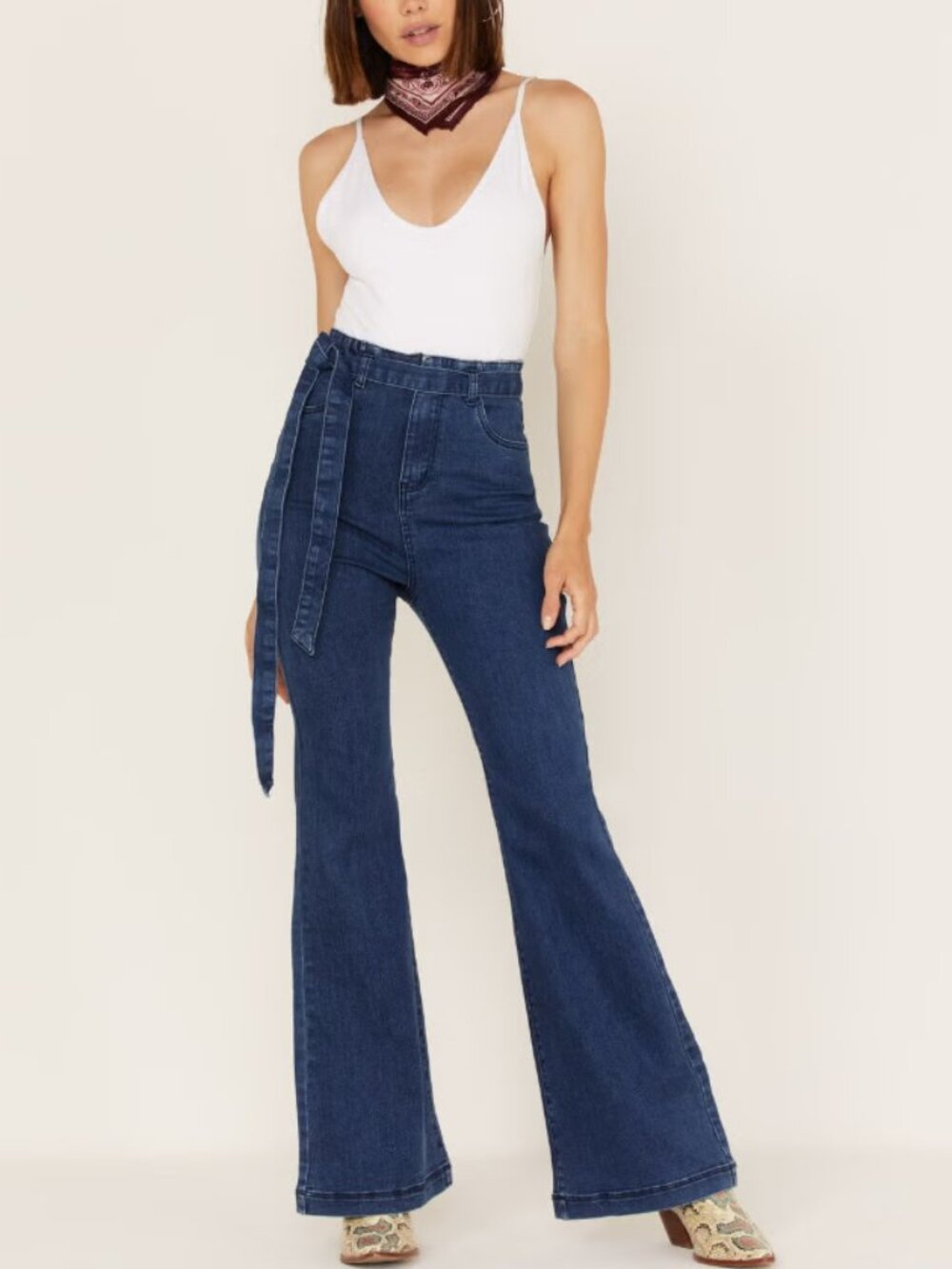 Flying Tomato 70s Inspired Women's High Rise Self Belt Flare Leg Jeans Size XL
